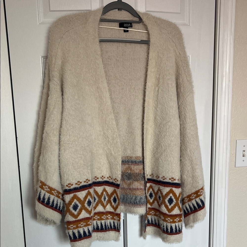 a.n.a Cream Cardigan with Multicolor Geometric Pattern